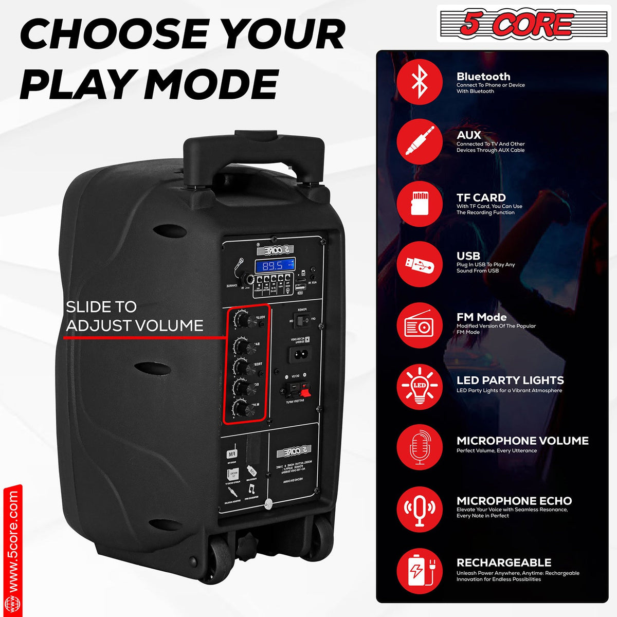5Core 8 inch PA Portable Bluetooth Party Speaker Karaoke Boombox + 2 Wireless Mics